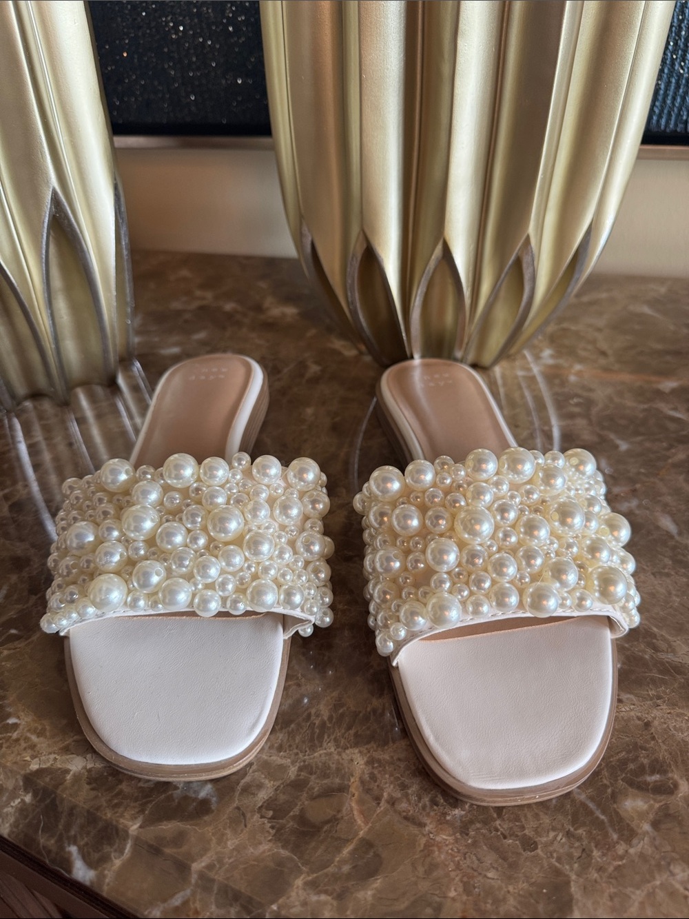 A New Day - Pearl-Embellished Ivory Slide Sandals
